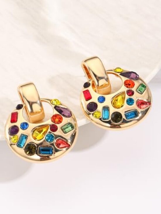 Jewelry - Statement Gold Drop Earrings,Chunky Dangle Door Knocker Earrings with Multicolor